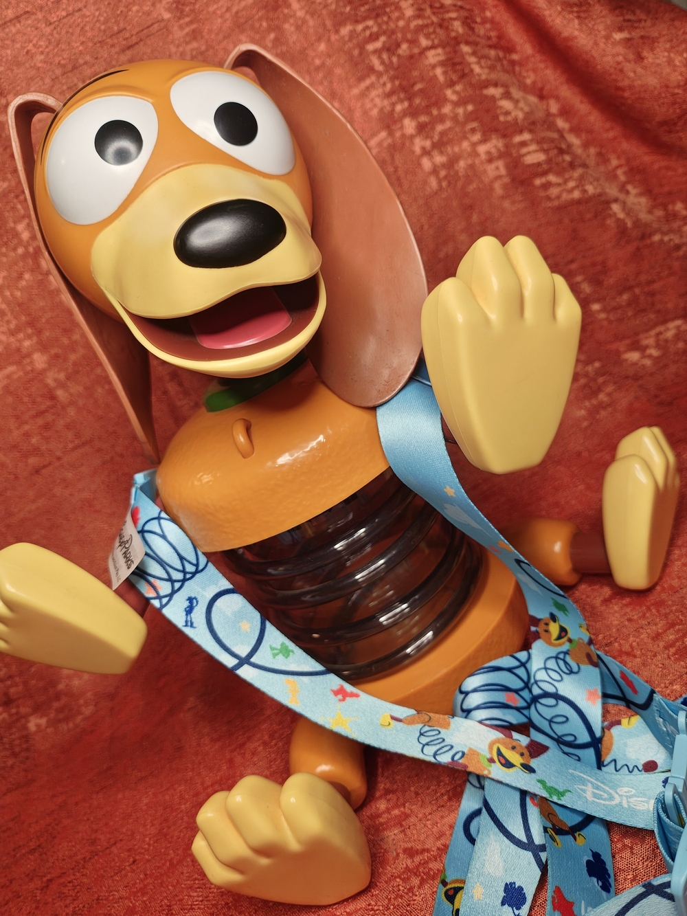 Disney Orange Slinky Dog Pop Corn Bucket, Sipper with Blue Character Lanyard
